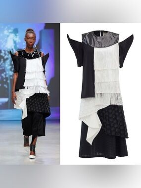 Black & White Fringe Panel Sleeveless Dress